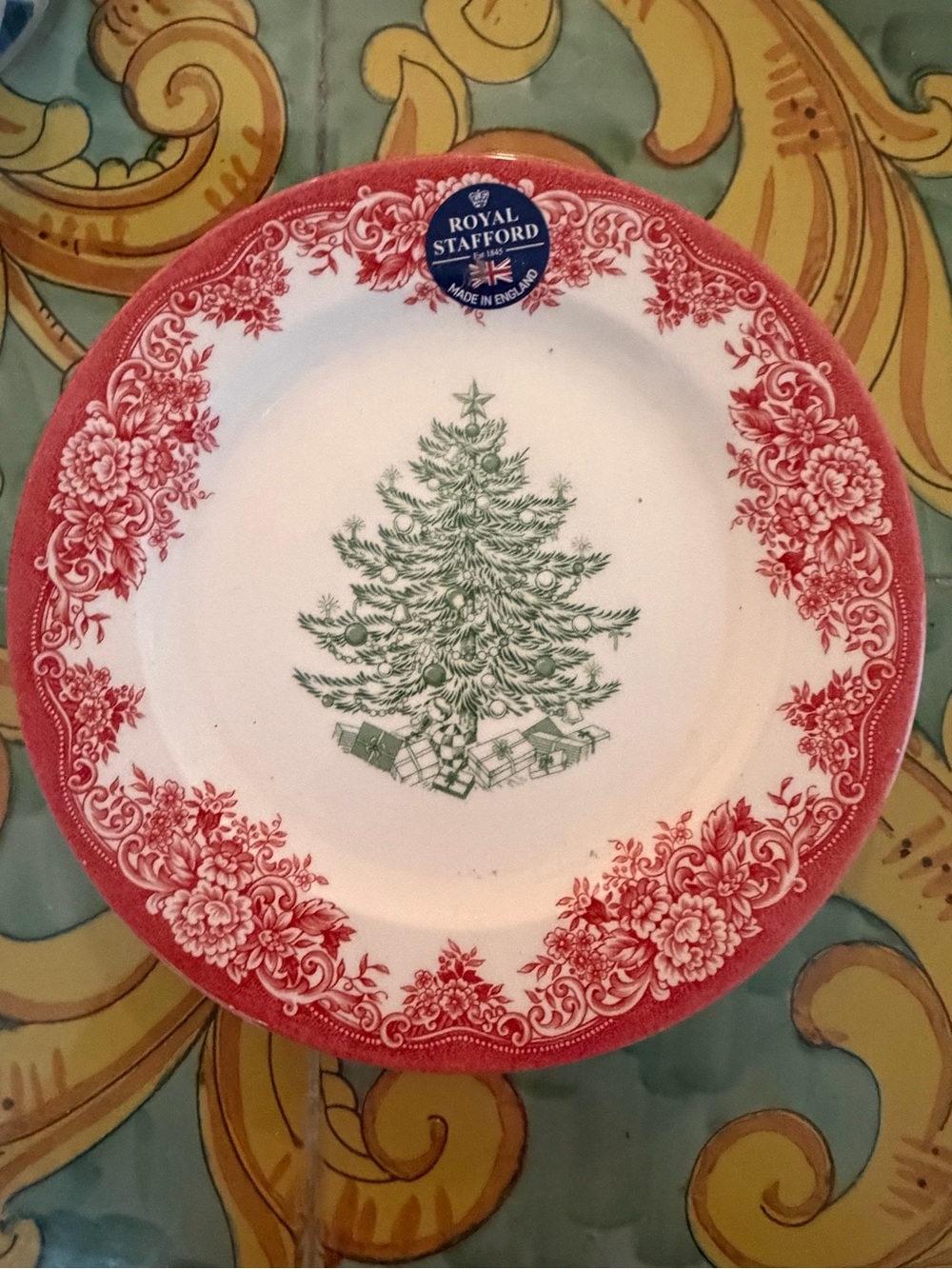 Royal Stafford Red Border Dinner Plate with Green Christmas Tree set of four